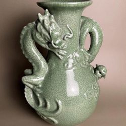 Vintage Chinese Green Double Dragon Crackle Vase 12" 
