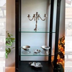 Moving Sale!Black Wood Etagere, thick glasses shelves , light.