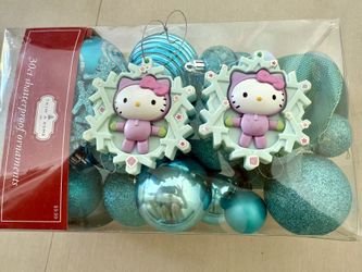 2 Hello Kitty Snowflake Ornaments + Blue Shatterproof Ornaments 