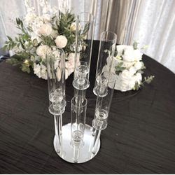 33" Tall - 7 Arms Clear Crystal Cluster Round Candelabra, Pillar Candle Holders with Mirror Base 