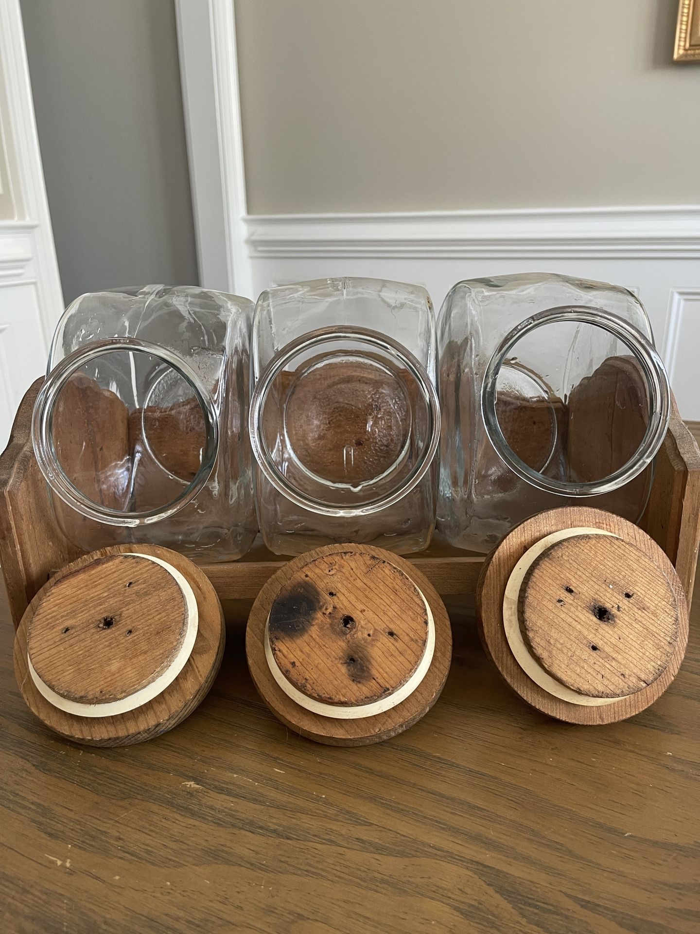 Vintage Glass Merchant Canister Candy Cookie Jar Wood Lid Set of 3 Made