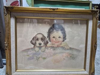 Vintage Framed Print Child and Puppy
