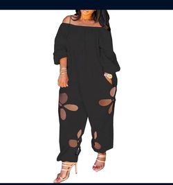Off Shoulder Jumpsuit Solid Color Long Sleeve Floral Hollow out Pocket Bodysuit