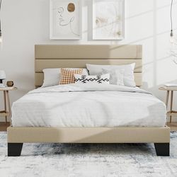 Queen Size Platform Bed Frame with Upholstered Fabric Headboard,Beige Upholstered Bed Frame with Headboard/Mattress Foundation with Strong Wooden Slat