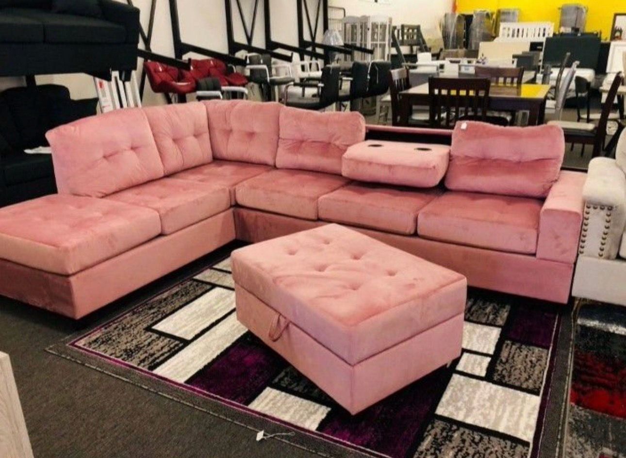 Pink Fabric Reversible Sectional with Cup Holder and Storage Ottoman.Brand New.