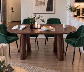 Oval Dining Room Table for 6 to 8 People Wood Kitchen Table with Triangular Structure Pedestal Stable Base, dark walnut M-26