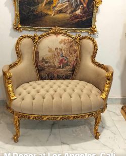  Louis XV Settee LOOK UP Ornate Louis XV style settee with gilded wood frame and tapestry back. TIME PERIOD Late 19th Century ORIGIN France ESTIMATED 