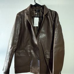 Automet Brown Faux Leather Blazer Jacket Collared Pockets Lined Women's M