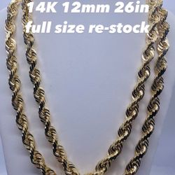 14K 12mm 26in full size diamond cut rope chain. re-stock.