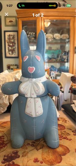 This is a blue Mr. Rabbit Cookie Jar.
