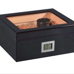 Box with Digital Hygrometer and Humidifier, Carbonk Fiber Glass Top Case Gift Set, Cedar Wood Accessories Gift 