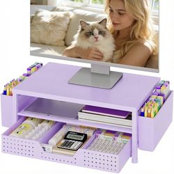 Purple desk organizer monitor stand with drawer and pen holders