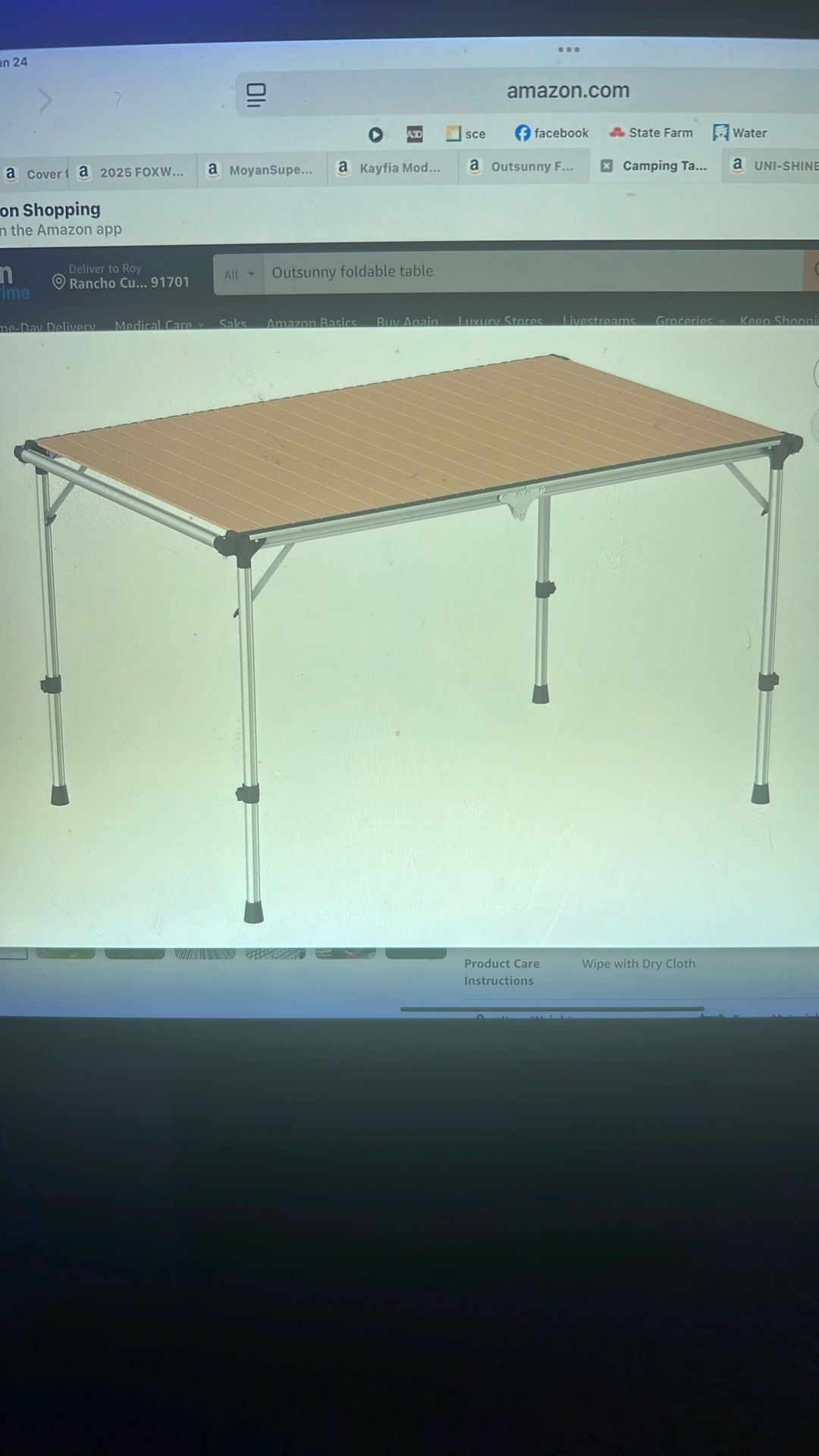 NEW Folding Camping Table. Adjustable Height Aluminum Table, Portable Camping Table for Picnic, Beach, BBQ, Light Brown