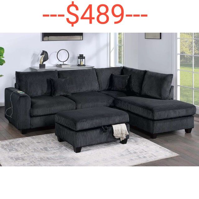 Black Corduroy Sectional Sofa With Storage Ottoman