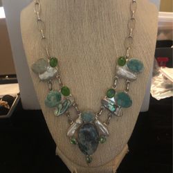 Magnificent Turquoise, Peridot , Pearl , Aqua , Shell Crystal Sterling Silver Necklace 