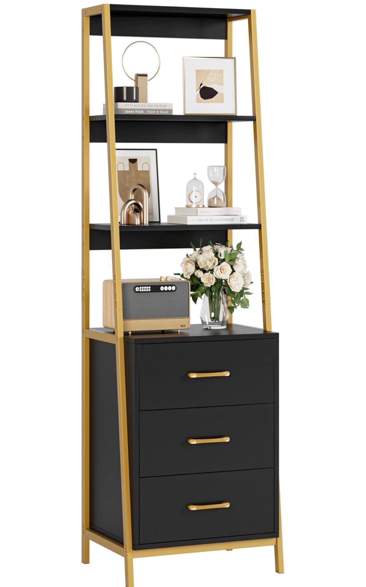 Black & Gold Tall Bookcase w/ 3 Drawers – Open Box