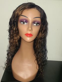 8×6 lace front wigs,Deep wave human hair, synthetic blended  180%density  highlights brown and black 20 inches..