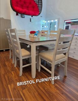 ☠️ Dining Set 7 Pc, Antique White, Light Brown Top, Solid Wood, Brand New.