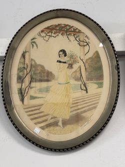 Vintage Art Deco color etching in a beautiful oval frame