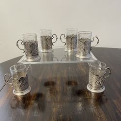 Antique Persian Silver Tea Set Of 6 Cups Holders with Glass