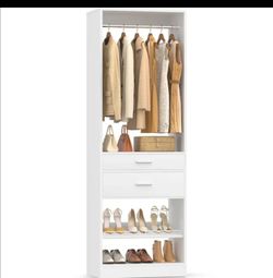 White Closet Organizer with Drawers and Hanging Rod