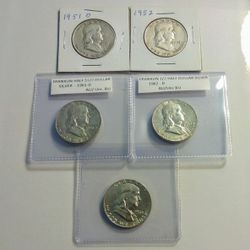 Set of (5)  Beautiful Franklin Half Dollar Silver Coins to Collect