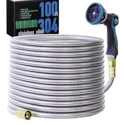 100FT Garden Hose, 304 Stainless Steel Water Hose, Flexible with a 10-Mode Nozzle Sprayer, No Kink, Lightweight, Puncture Proof, Ideal for Yard, Lawn,