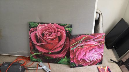 Pink rose wall art x2