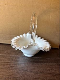 Fenton White Milk Glass Glass Basket w Bamboo Handle Silver Crest Crimped Rim