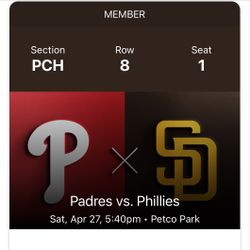 (2) Padres Vs Phillies Sat April 27 Premier Club Member Tickets