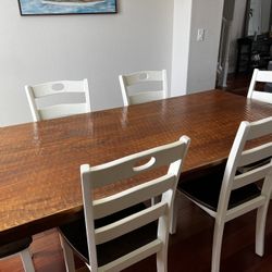 Solid Wood six foot Dining Table w/ Six Brown/White Wood Chairs