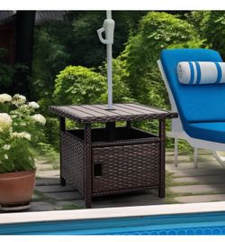 Umbrella Table with 2 Weight Bags Outdoor Patio Umbrella Side Table with Umbrella Hole Small Brown Wicker End Table for Outside Storage Coffee Table w