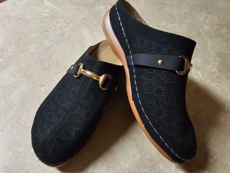 Black faux Suede Clogs with Gold Horsebit Detail