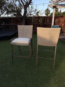 Pair of Lexington Woven Wicker Bar Stools with Linen Cushions, Bar Height