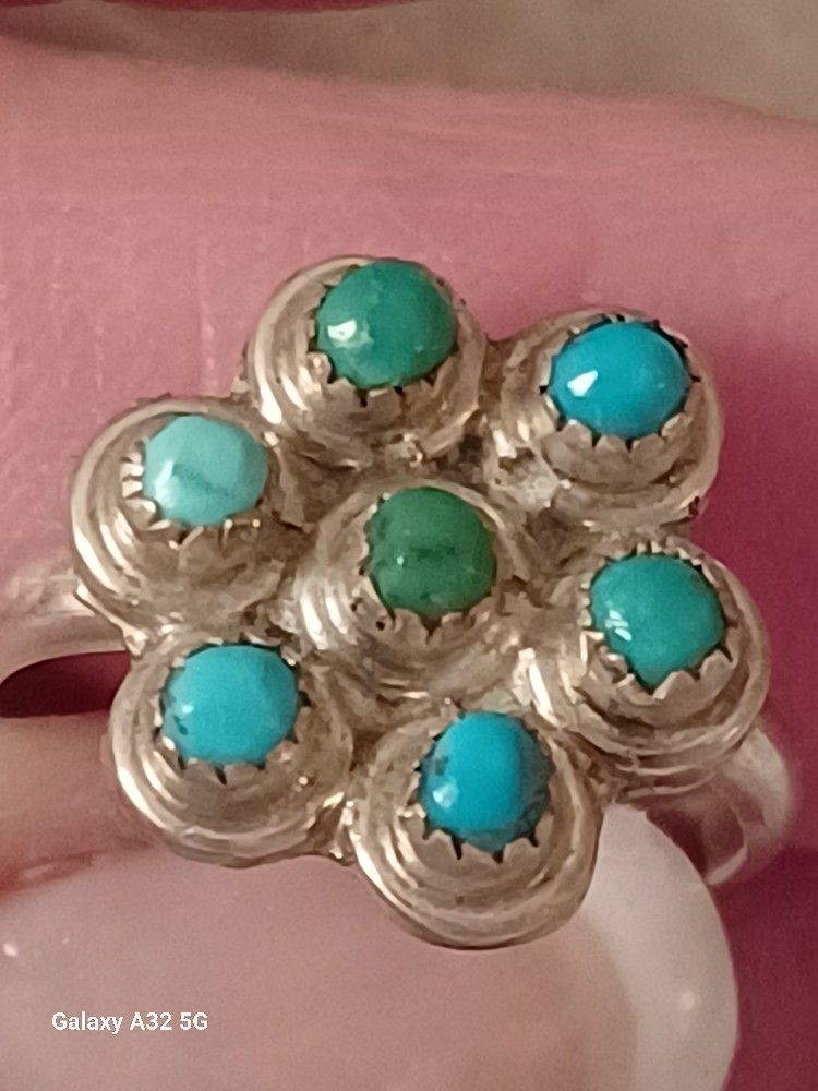 Vtg.Native Sterling Silver Turquoise Flower Ring- Sz6