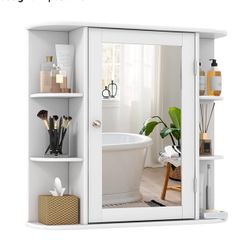  Bathroom Medicine Cabinet with Mirror, Wall Mounted Home Storage with Door & 6 Open Shelves, Adjustable Shelves, Mirrored Bathroom Wall Cabinet (Whit