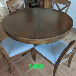 Walnut Dining Table & 4 Chairs With Leaf