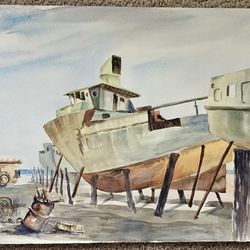 Unframed Boat On Beach Watercolor Painting 