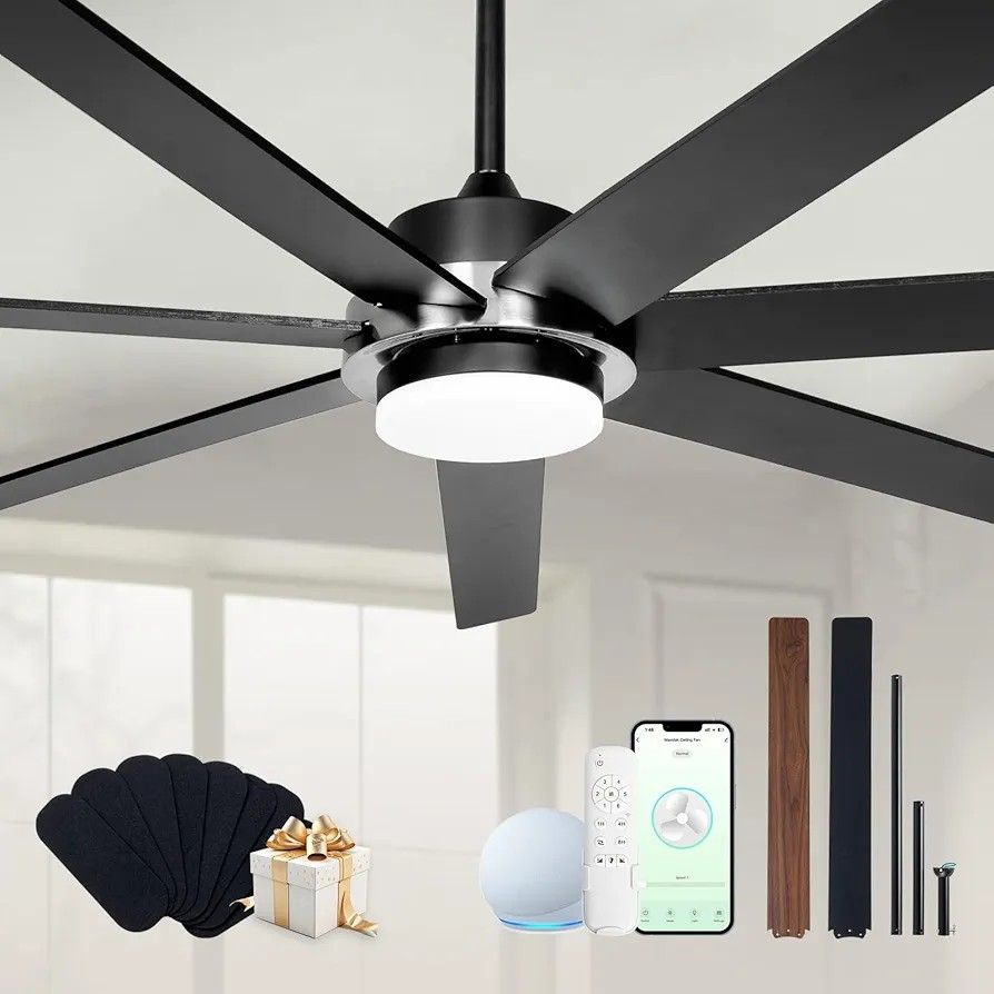 72" Black Smart Ceiling Fan with Light and Remote via WIFI Alexa APP Control,6 Speed Quiet DC Motor,Dimmable,7 Wood Blades Indoor Outdoor Ceiling Fans