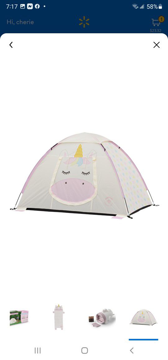 Sparkle the Unicorn Kid's Camping Combo (One-room Tent, Sleeping Bag, Lantern)