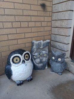 Set Of Three Pieces Fiberglass Owls 🦉 Figurines Decor Garden