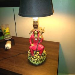 Custom Grim Reaper Skull Lamp – Red Robe Edition – Gothic Home Decor