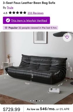 NEW Trule 3-Seat Faux Leather Bean Bag Sofa – Black