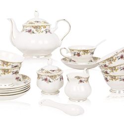 ACMLIFE Bone China Tea Set Tea Cups And Saucers 21-Piece English Tea Cups Set of 6 Porcelain Tea Set with Teapot, Sugar Bowl,Creamer Pitcher, Tea Part