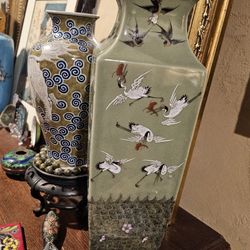 Chinese Republic Era Vase 17" Crane And Waves