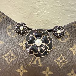 CC black enamel Camellia Earrings and pin set