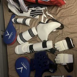 Taekwondo Sparing Gear With Set Of Shin Instep And Arm Guards And Sparing Pads For Punching Practice And The Bag 
