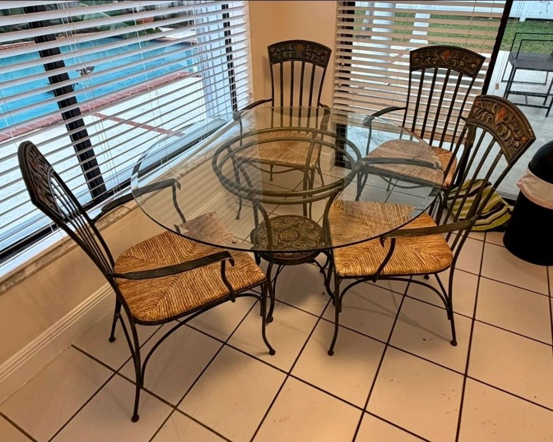 Round Dining Table Metal Glass 4 Chairs