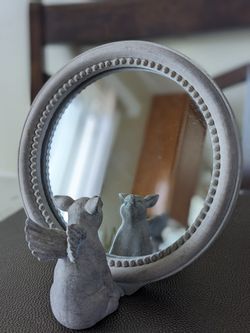 Small Gray vanity, bathroom, dresser Mirror with winged pig