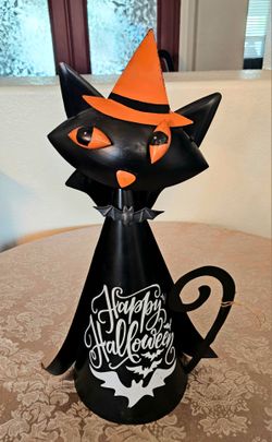 Metal Bobblehead Black Cat Orange Witch Hat Happy Halloween 19" Door Greeter